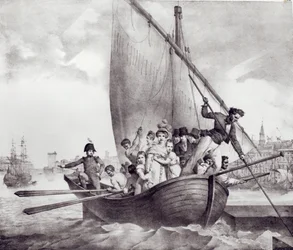 La famille Bonaparte arrivant à Toulon (France), fuyant la Corse, 17 juin 1793, gravé par Motte, Charles (1785-1836)